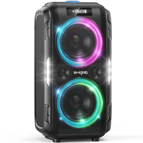 W-KING 270W Peak Waterproof Bluetooth Stereo Speaker - Portable Multifunctional Bass Speaker with 125dB Loudness, 12-Band EQ, IPX5 Rating, LED Light, 2.5-Inch Tweeters, Rechargeable Removable Battery, Mic/Guitar Jacks, Aux Input, Outdoor Singing Unit