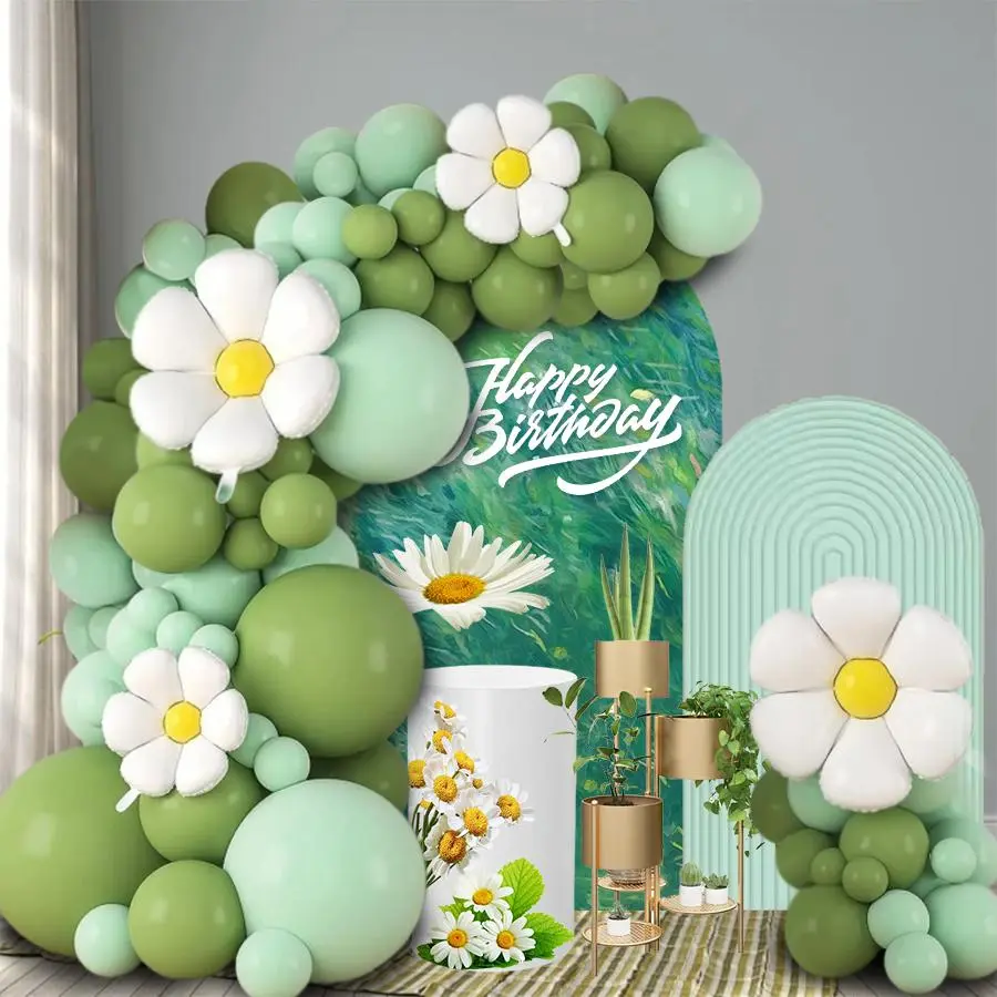 110pcs Chrysanthemum themed Balloon Arches Set Retro Olive Green Maca Green with White Chrysanthemums, Perfect for Birthday Opening Anniversary Singles Party Decoration Balloon Decorations Balloon Garland Balloon Arch Kit
