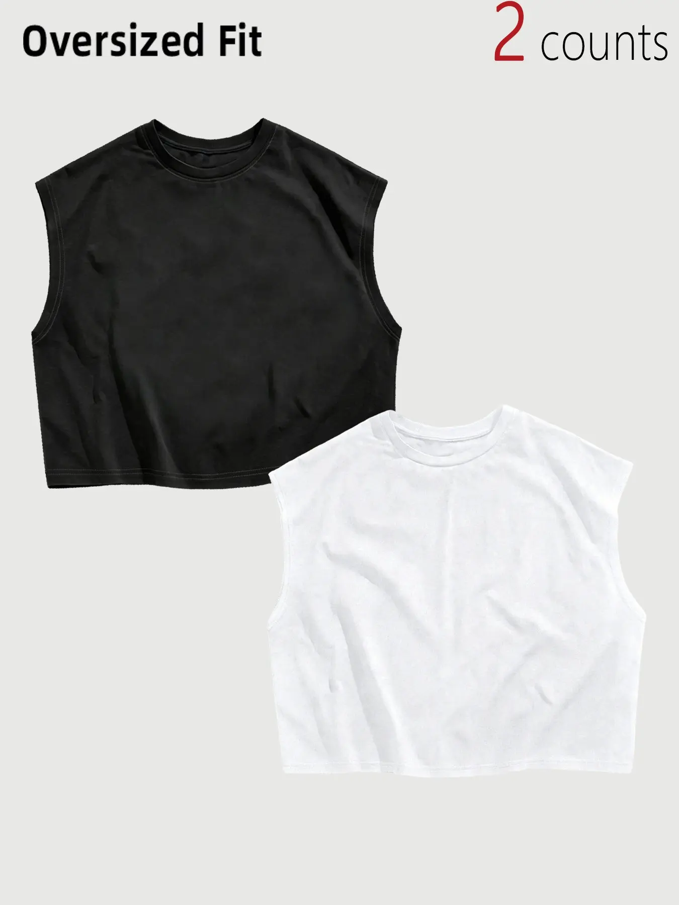 2 Pack Unisex Oversized Crop Tank Tops, Loose Fit Sleeveless Crew Neck T-Shirts, Trendy TikTok Y2K Casual Tees, Black White Solid Color Cropped Muscle Tops for Men Women, Home Wear, Streetwear, Summer Festival Outfits, Comfortable Basic Sleeveless Tops