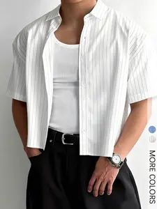 Men's Simple Striped Cropped Button Down Shirt, Regular Short Sleeve Casual Top For Streetwear