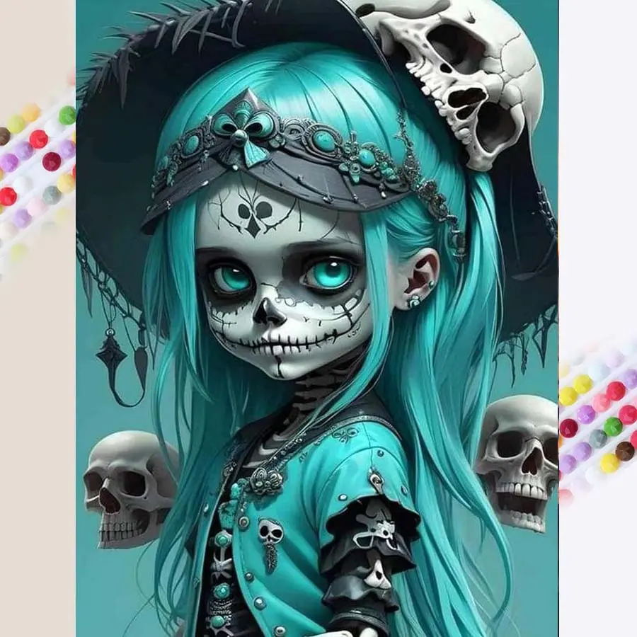 1 set of DIY diamond painting kit, 5D diamond art kit, DIY decoration skull, blue hair, hat. Mosaic, diamond art, DIY art home decoration.