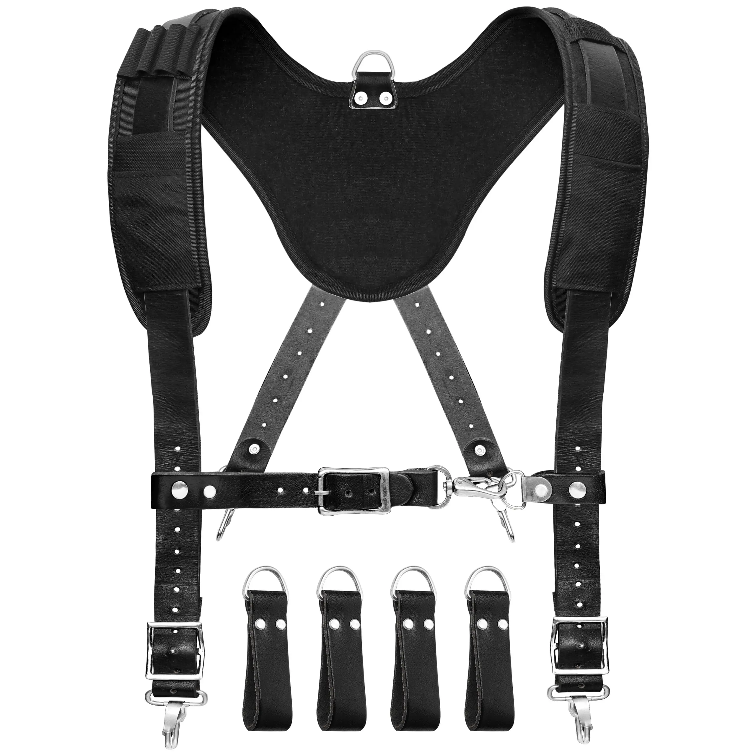 FUERI Leather Tool Belt Suspenders for Heavy-Duty Use, Lightweight with 4 Detachable D-Loops, Nylon-Covered Foam Padding, Adjustable Clips, Customized Fit for Construction Pros Storing Work Tools, 1 Year