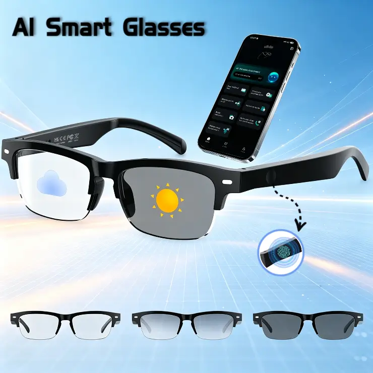 Smart Glasses, Open-Ear Sound Mic & Speakers, Smart Audio Polarized Sunglasses with Photochromic Lenses, IPX4 Waterproof, Voice Assistant, Listen To Music And Make Phone Calls, Bluetooth Glasses for Men Women for Travel, Working&Driving