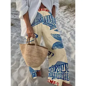 Women'S Vintage Fish & Sardine Print Wide-Leg Pants - Casual Acetate Fabric, All-Season Comfort with Pockets, Perfect for Adult Casual Attire, Casual Attire Pants|Vintage Fish Print|Comfortable Fit, Fish Print Pants