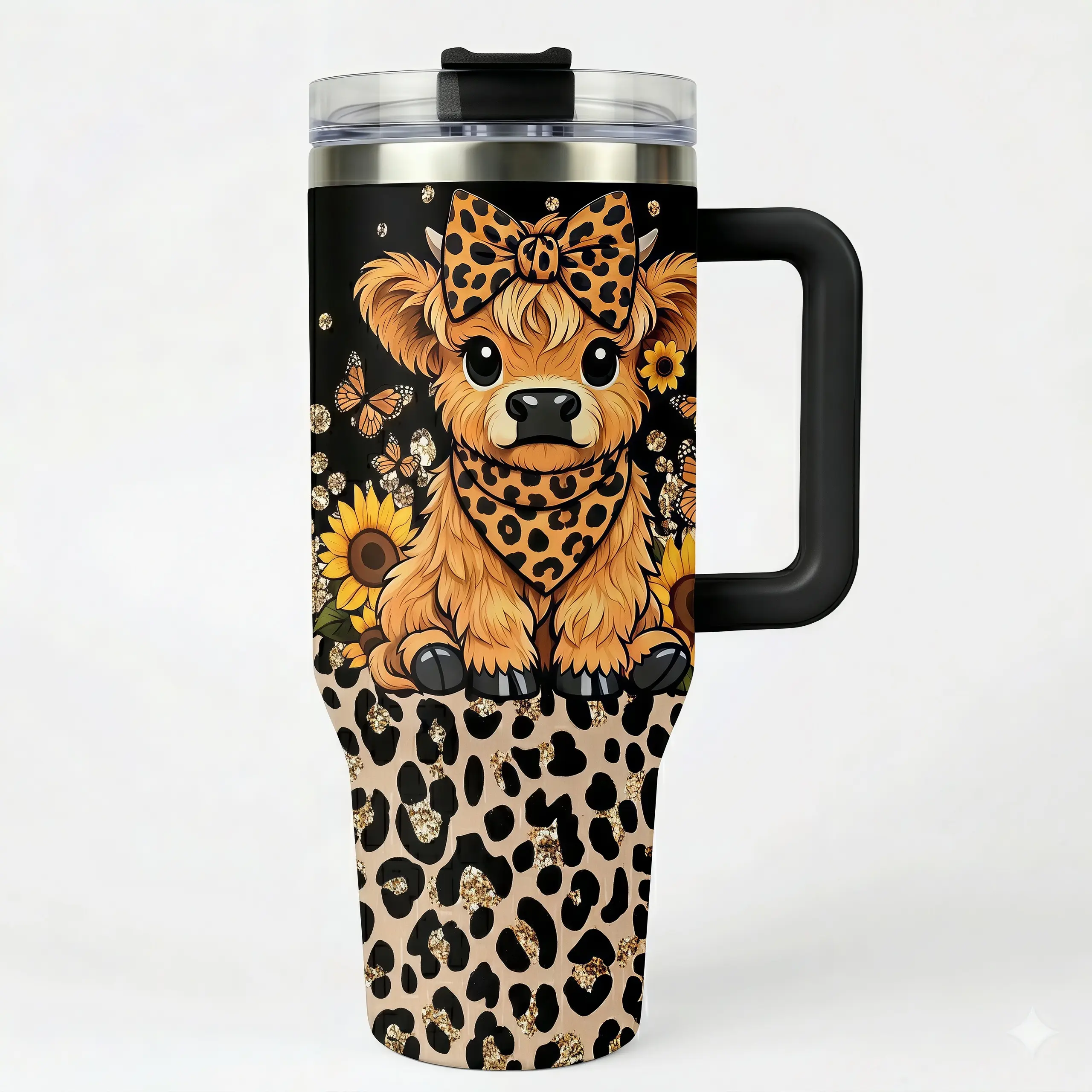 Women's 40oz Insulated Vacuum Flask - Highland Cow Themed, Portable Reusable Tumbler with Handle, Lid, Straw, Cute Leopard Print Sunflower Design for Cow Lovers, Flasks