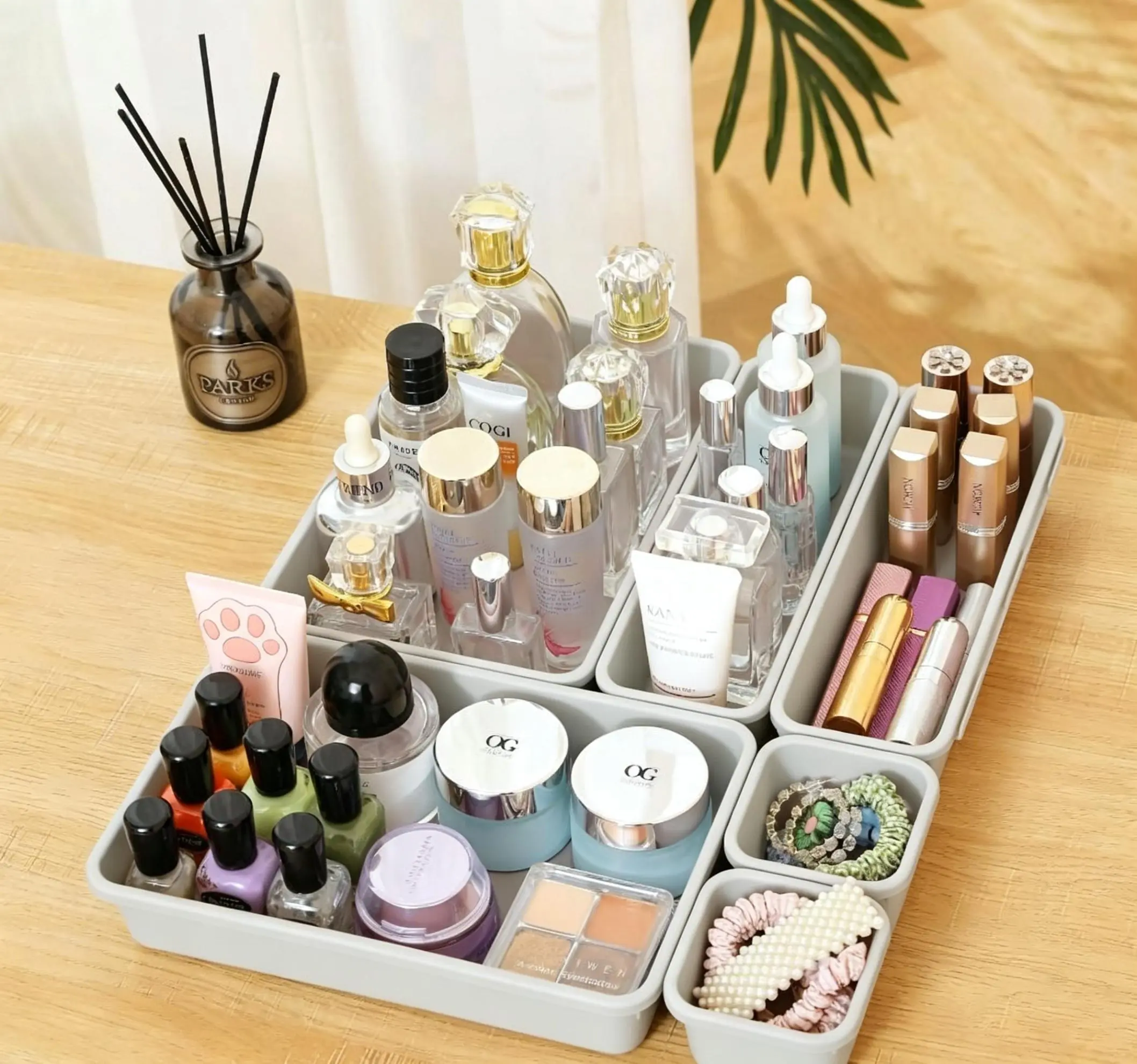 16 Pcs Plastic Drawer Organizer Set 3-Size Versatile Drawer Divider Trays Vanity Storage Bins for Makeup Jewelry Utensils Gadgets Kitchen Bedroom Bathroom Office Green&Purple