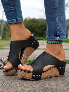 2026 New Cork Sole Wedge Sandals, Rivet Decoration Hollow Out Design, Mom Style Versatile Outdoor Slippers, Comfortable and Stylish Footwear