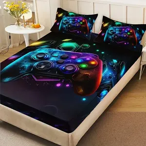 3pcs Gaming Bedding Set, Blue Honeycomb Pattern, Glowing Handle, Bedroom Decor, Game Theme, High-Quality Polyester Fabric