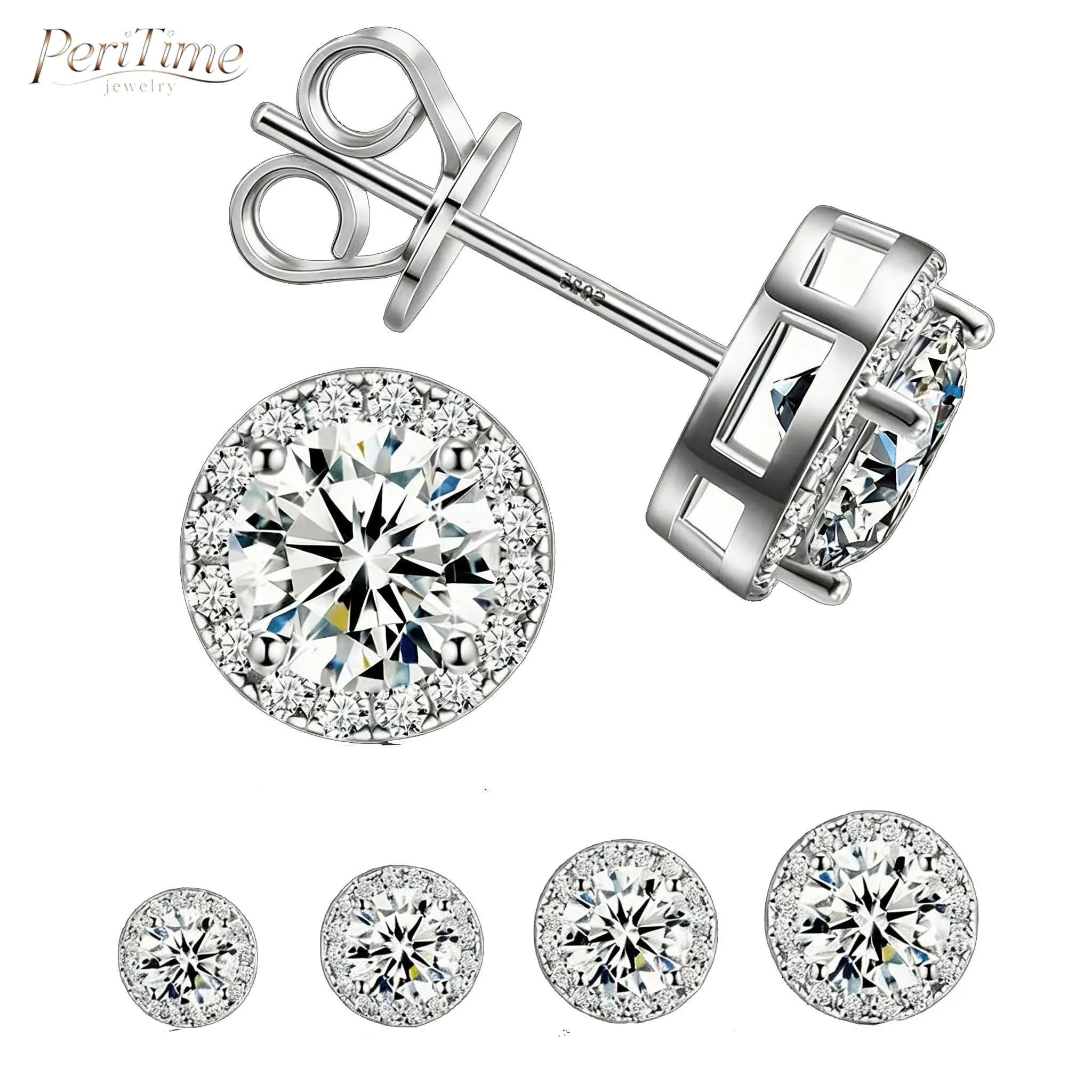 PERITIME 4 Sizes Halo Stud Earrings | 0.3/0.5/1/2CT Round Zircon Earrings, Ideal for Daily Wear, Prom, Anniversary, Valentine's Day, Birthday, Party, Holiday Events, Wedding and Formal Occasions
