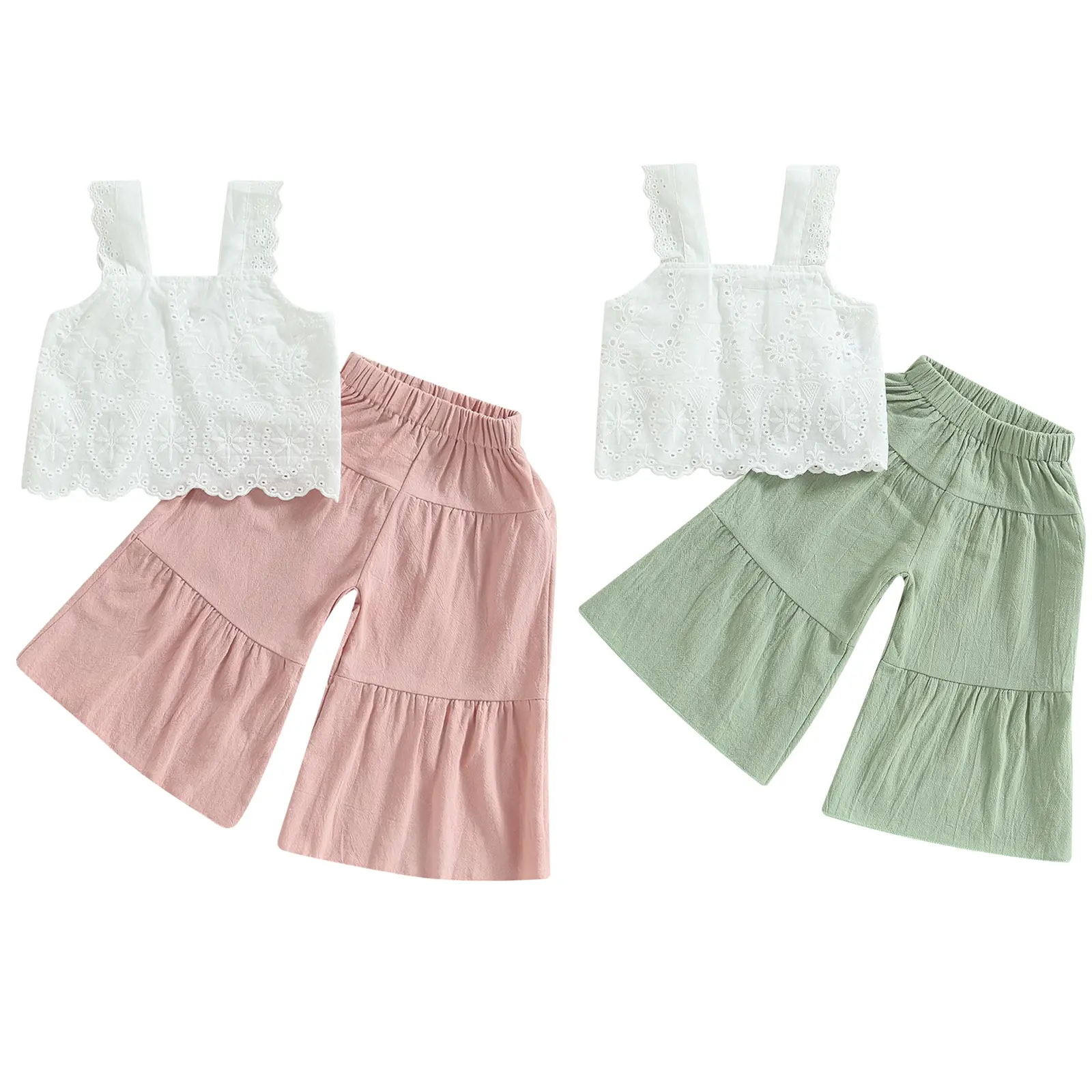 Baby Girls' 2-Piece Summer Cute Clothes Set, Solid Color Sleeveless Lace Tank Top & Plain Bottoms Wide Leg Bell-Bottom Casual Outfit (Baby Girls Clothing) #Summervibes,back to school