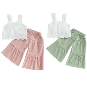 Kids Baby Girls Summer Outfit Solid Color Sleeveless Lace Tank Tops Bell-bottom Casual Wide Leg Pants Set #Springtok