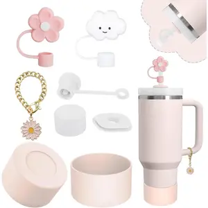Stanley Cup Accessories Set,Including 2 Pcs 0.4in Straw Cover, 1 Silicone Spill-Proof Stopper Set of 3, 1 Cute Butterfly Handle Charm, 1 Silicone Boot Fits Stanley 40&30 Oz Tumbler (Rose Quartz)