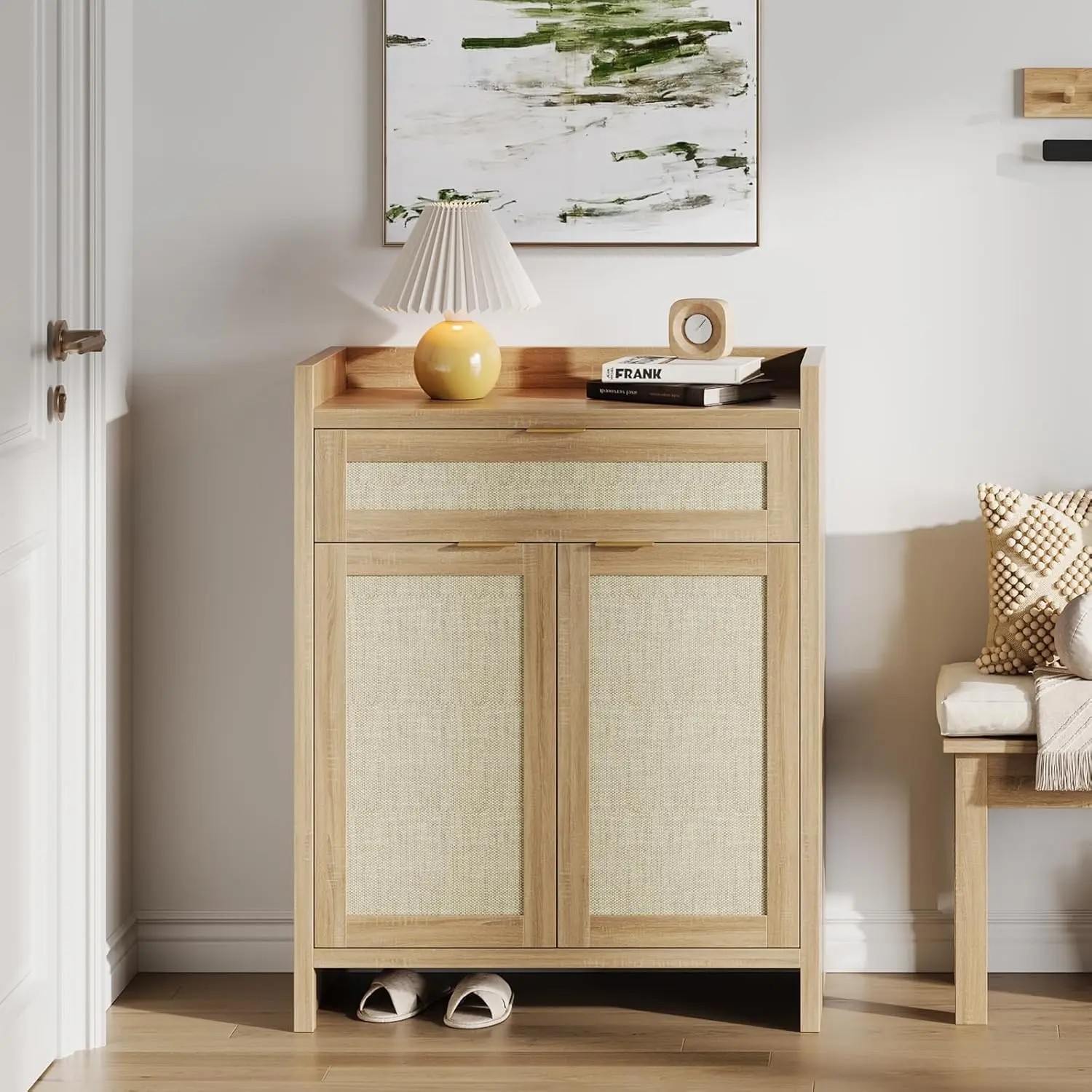 Yellow Rattan 6-Tier 41" Tall Shoe Cabinet - Wood Top, Wooden Construction with 2 Doors & 1 Drawer, Adjustable Boho Farmhouse Buffet Cabinet Storage Organizer for Home Entryway, Wood Top Cabinets