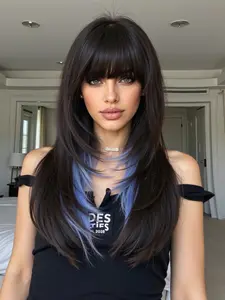 Tea Color Blonde Woman Wig, Long Straight Hair with Bangs, Synthetic Fiber, Synthetic Machine Wigs, 24 Inches, Suitable for Daily Use, Women's Hairstyle Accessory, Synthetic Fiber Wigs