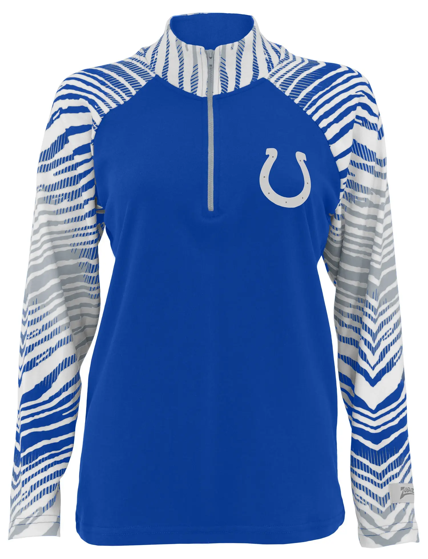 Zubaz NFL Indianapolis Colts Women's Team Color 3 Color Zebra Ombre Sleeve and Collar Long-Sleeve Fleece 1/4-Zip Sweatshirt