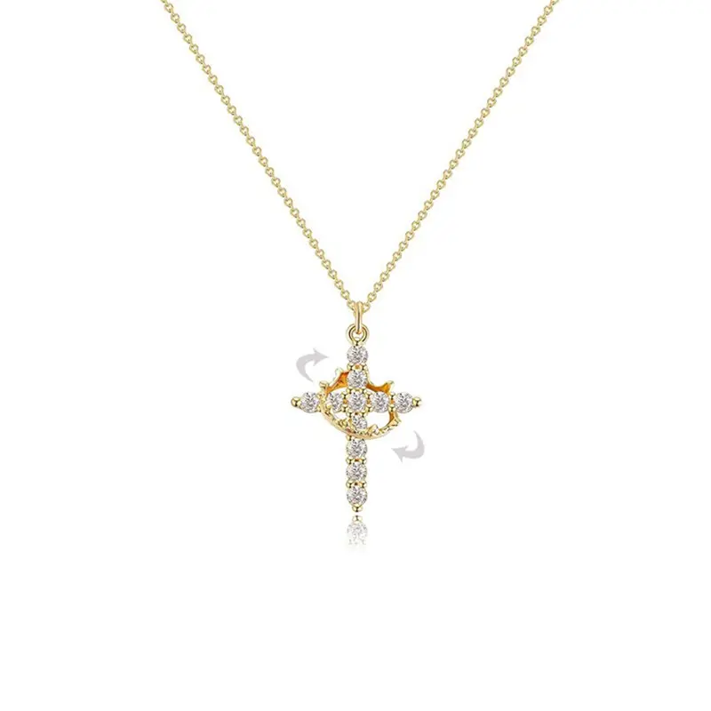 Diamond Crown Cross Necklace Gold