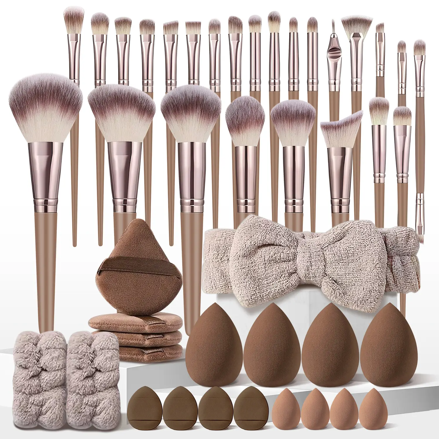 44Pcs Multifunctional Face Makeup Tool Set Makeup Brushes Set with Mini and Standard Makeup Sponges, Headband, Wristbands, Water Drop Finger Puffs, Triangle Puffs, Facial Makeup Products, Professional Make up Tools for Makeup Lovers