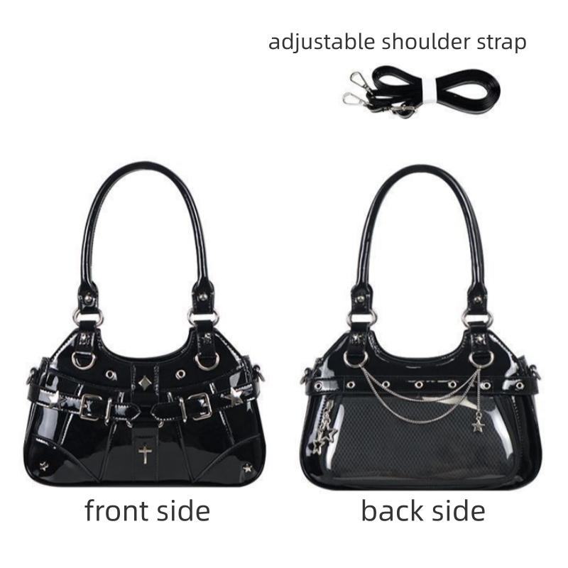 RIVERICH Gothic Punk 2-Way Patent Leather Ita Bag - Convertible Small Shoulder & Crossbody Bag with Clear Window | Reversible Dual Design, Detachable Strap, Star & Cross Charms Perfect for Anime Pins, Badge Display, Conventions & Daily Use