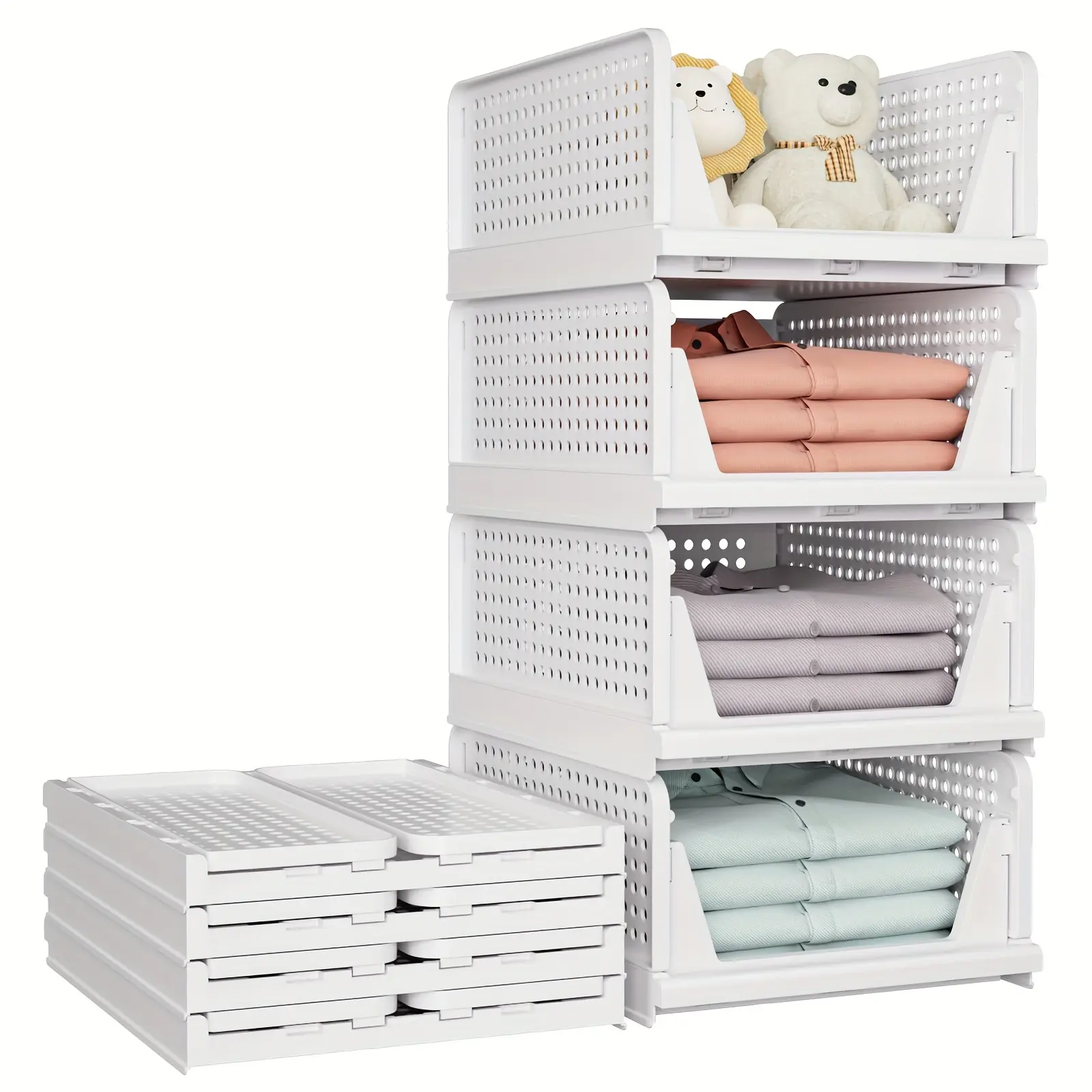 Stackable Drawer Storage Box with Foldable Dividers, Divided Compartments, Space-Saving Closet Organizer for Bras Socks T-Shirts, Durable Plastic Organizers, Plastic Storage Bins No Assembly Needed