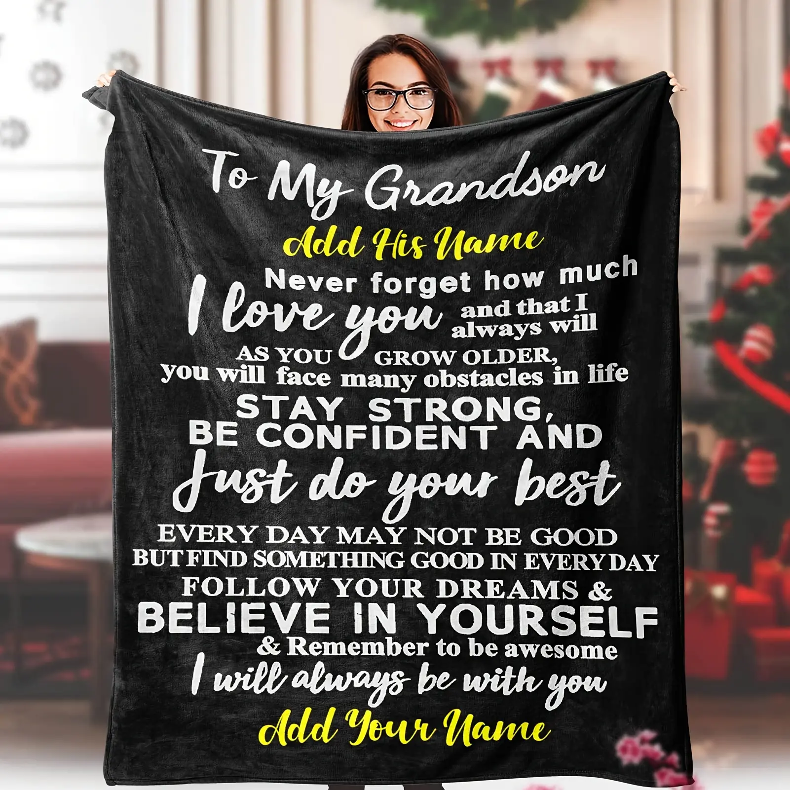 Customized Grandson Flannel Blanket - Personalized Name, Grandpa & Grandma Inspirational Text, All-Season Warmth, Contemporary Design, Ideal Birthday Gift for Grandparents