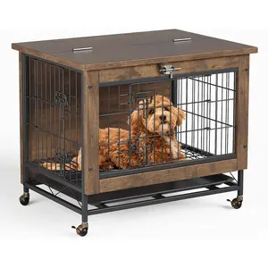 26" Dog Crate Furniture with Wheels, Heavy Duty Wooden Dog Kennel with Metal Frame, Double Doors, Removable Tray, Anti-Chew Indoor Pet Cage End Side Table for Small to Medium Dogs