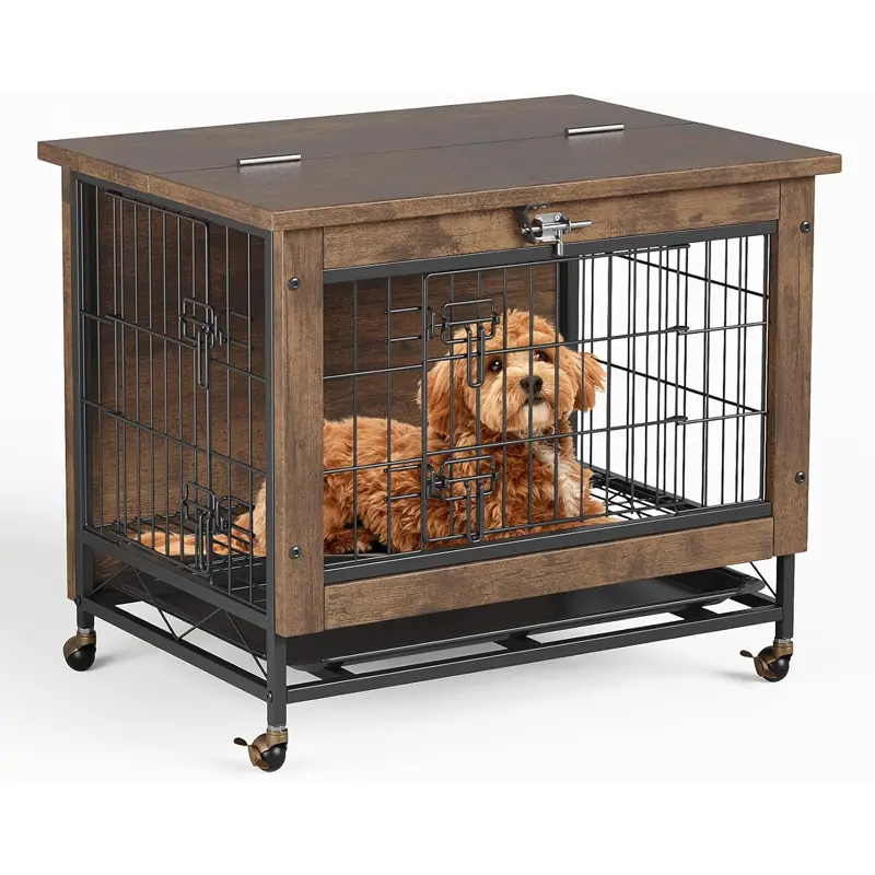 26" Dog Crate Furniture with Wheels, Heavy Duty Wooden Dog Kennel with Metal Frame, Double Doors, Removable Tray, Anti-Chew Indoor Pet Cage End Side Table for Small to Medium Dogs