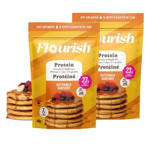 FLASH SALE - Flourish Protein Pancake & Waffle Mix, with Whey Protein & Flax Seed, No Added Sugar, High in Protein & Fiber - Just Add Water - Buttermilk Flavour, 430 g (2 Pack) - Made in Canada