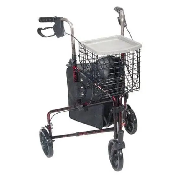 Rollator 3-Wheeled w/Pouch & Basket Loop Brake -Flame Red