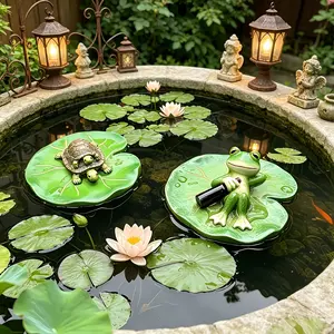 Resin Floating Frog Turtle Lotus Leaf Statue, Retro Pond Decor, Garden Ornament, Water Feature Decoration, Outdoor Sculpture
