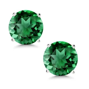 Gem Stone King 1.54 Ct Round 6mm Green Simulated Emerald 14K White Gold Stud Earrings For Women Men