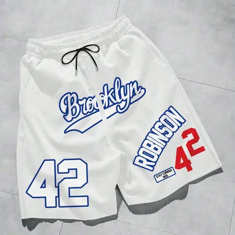 Men's Brooklyn Robinson 42 Number Print Basketball Shorts, Loose Fit Sporty Shorts, Street Style & Sports Wear, Casual Graphic Shorts, Comfortable Athletic Shorts