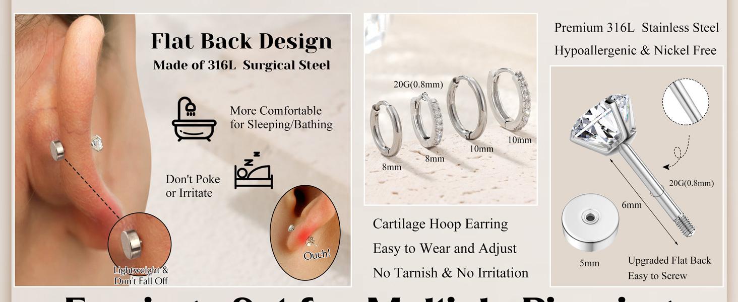 Hypoallergenic Stud Hoop Earrings for Women Small Flat Back Surgical Stainless Steel Earrings for Sensitive Ears Trendy Silver Hoops Cartilage Earring Stacks Set Multiple Piercing Jewelry Gifts