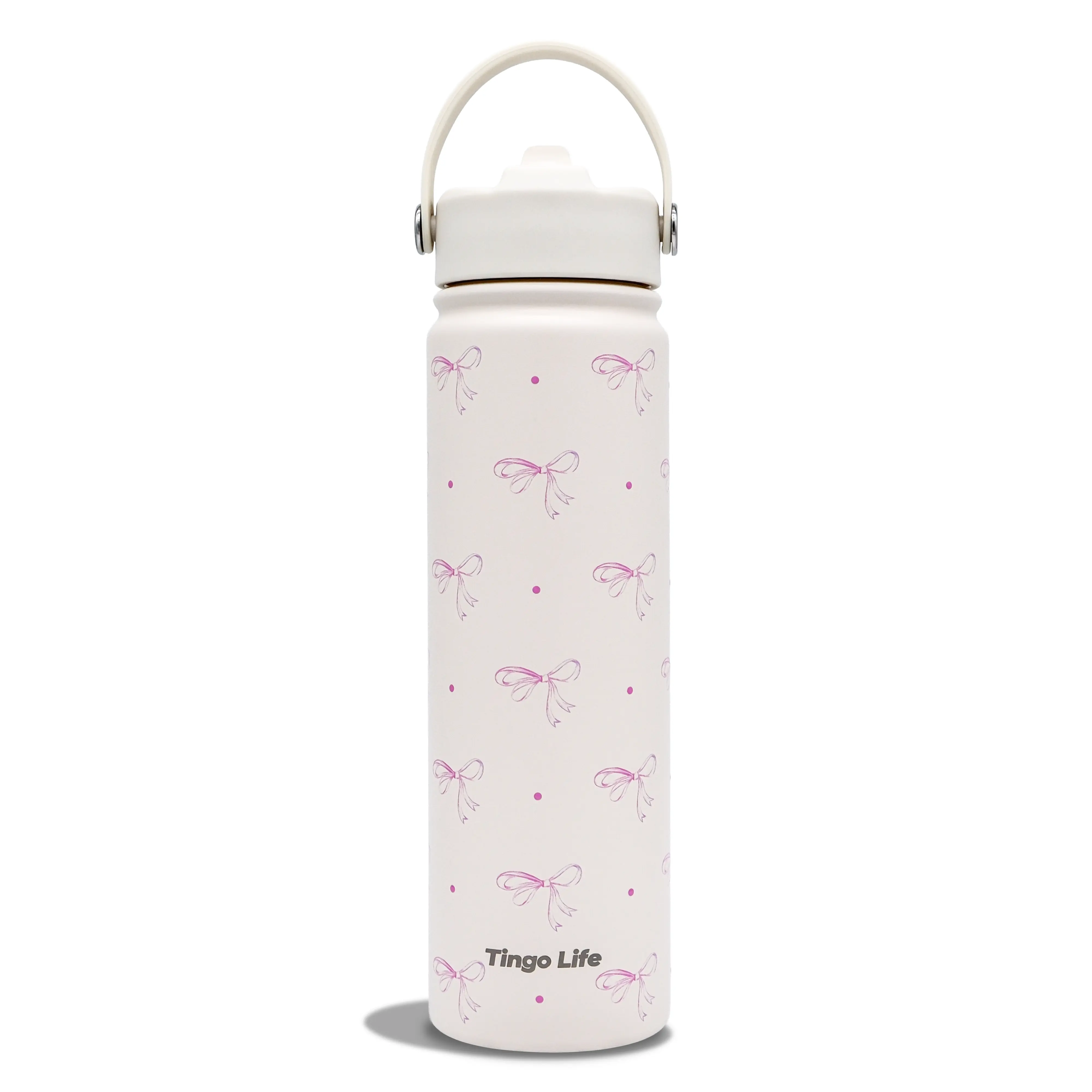 Tingo Life 25oz/32oz Insulated Stainless Steel Pink Water Bottle - 2 Lids Included (Straw + Spout Lids), Leakproof BPA-Free, Cute Pink Bow Design, Perfect Gym/Yoga/Office Companion