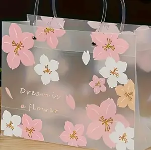 Pink & White Floral Fantasy Tote Bag with "Dreams Are Flowers" Quote - PVC Reusable Gift Bag for Christmas, Thanksgiving, Birthdays, Parties & Shopping - Elegant Holiday Gift Packaging & Party Supplies, Dreamy Aesthetic, Sturdy Handles, Fashion Lovers