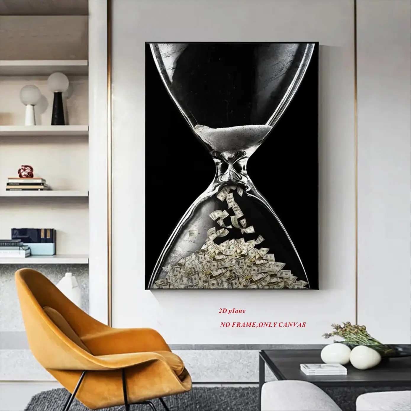 1 piece/set, Time is Money Motivational Wall Decal & Printed Canvas Wall Art Dollar Bill in Hourglass Design Office/Home Decor, Art Wall Decoration, Decoration Items, Frameless, 2D Flat, Unframed Wall Art