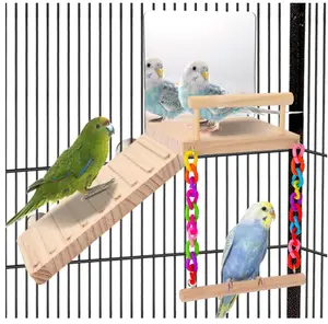 Perch Platform Bird Toys with Bird Mirror Climbing Ladder Swing, Parakeet Cage Accessories - for Cockatiels, Lovebirds, Budgies,Pacific Parrotlets,Finch,Canaries - Wooden Play
