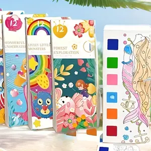 Random Style Watercolor Coloring Book Set, Student Drawing Notebook with Paper and Paintbrushes, Perfect Gift for Birthday, Christmas, New Year