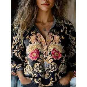 1pcWomen'sBohemianPrintLongSleeveShirt,CasualPolyesterBlendwithElastane,All-SeasonLapelCollarButton-UpToppoloshirtswomenFitBlouseFabricWomenswearFittedBlack