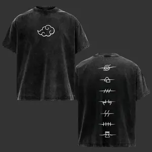 Men’s Oversized Short-Sleeve Naruto Akatsuki Clan Logo Retro Washed Soft Stretch Cotton Fabric T-Shirt, Heavyweight Round Neck Streetwear Top, High-Quality Vintage Casual Wear for Naruto Fans