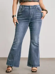 Plus Size Retro High Waist Flare Jeans for Women, Butterfly Embroidery Rivet Washed Micro Flare Pants, Chic Slim Fit Long Trousers