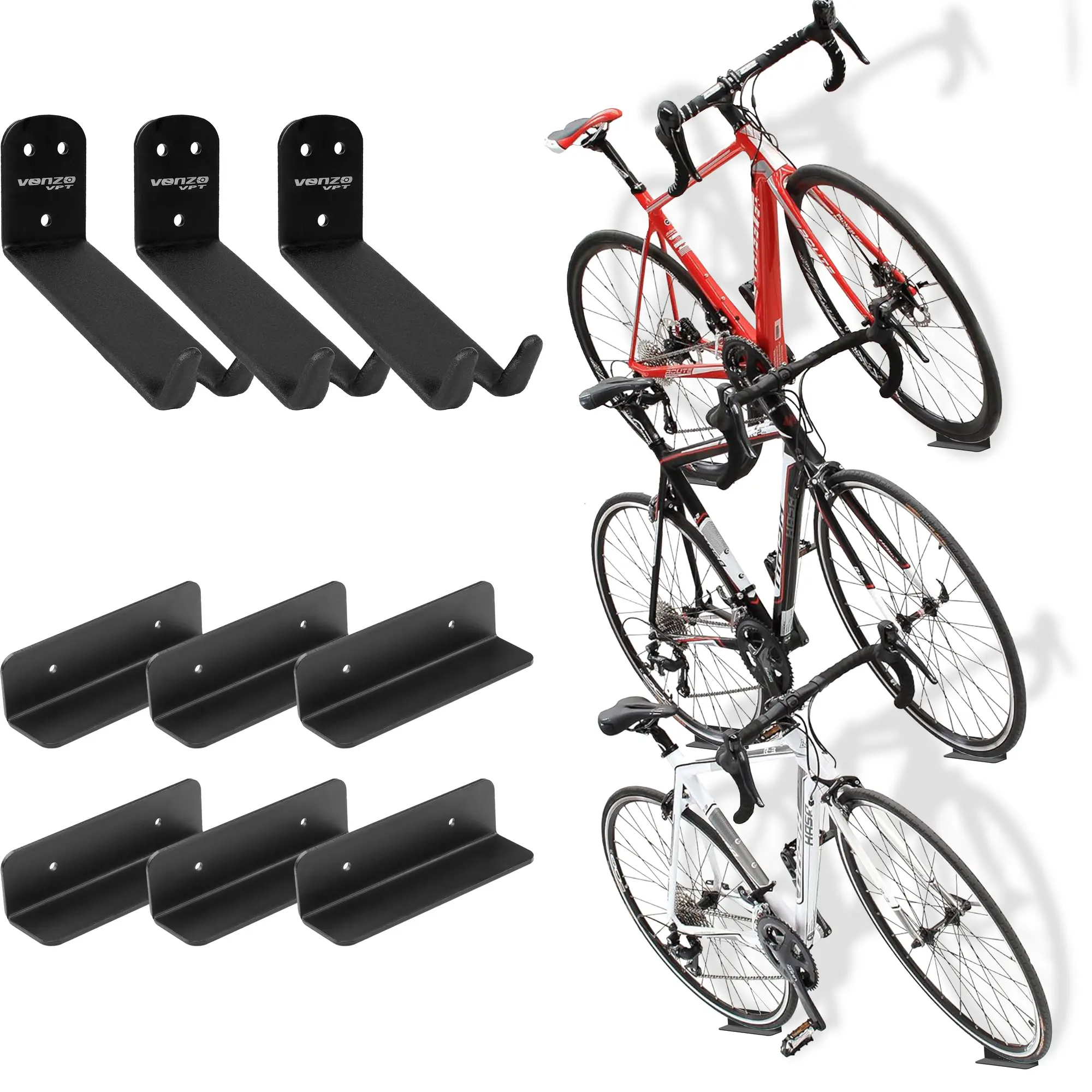 Venzo 3-Pack Bike Pedal Wall Mount, Heavy-Duty Steel Hook Rack with Rubber Padding and Tire Brackets, Space-Saving Bike Accessory for Garage Storage