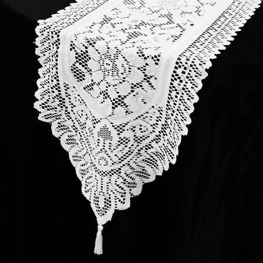 Vintage Style White Floral Embroidered Lace Table Runner, 14"x108" - Household Kitchen Textile for Event, Party, Wedding Tabletop Decor