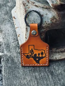 Texas Cow Tag Laser Engraved Texas Map with Cactus and Texas Longhorn Premium Leather Made in USA Keychain