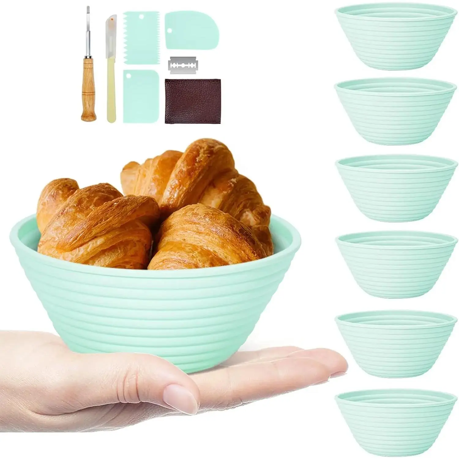6-Piece Durable 5 In Circular Sourdough Proofing Bowls Kit - Silicone Banneton Round Bowls, Kitchen Bakeware & Baking Utensils with Wide Temperature Range Compatibility, Circular Bowl