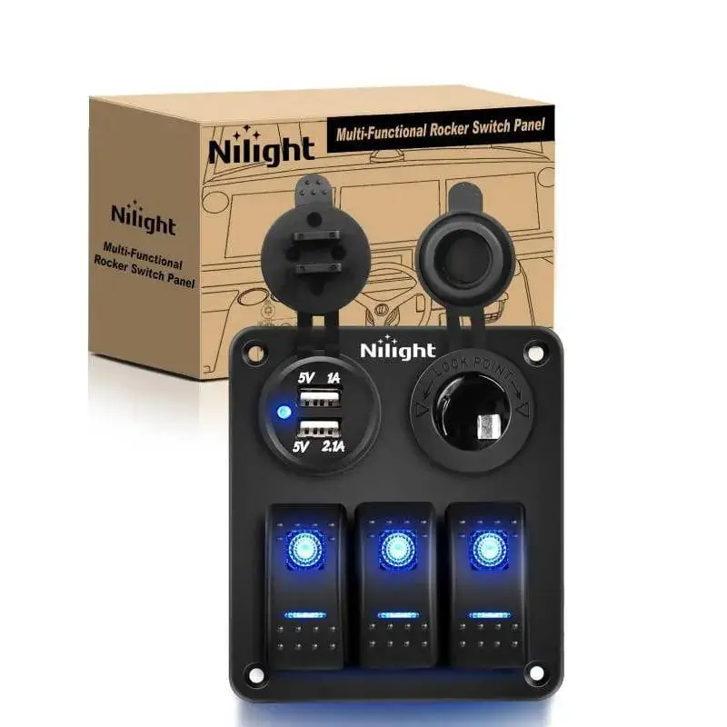 Nilight Impact & Heat-Resistant 3-Gang Aluminum 5-Pin ON/OFF Blue Rocker Switch Panel with 3.1A Dual USB Charger, Cigarette Lighter Socket, 12V DC, 12V-24V Compatibility for Trucks, 132pcs DIY Stickers, Father's Day Gift