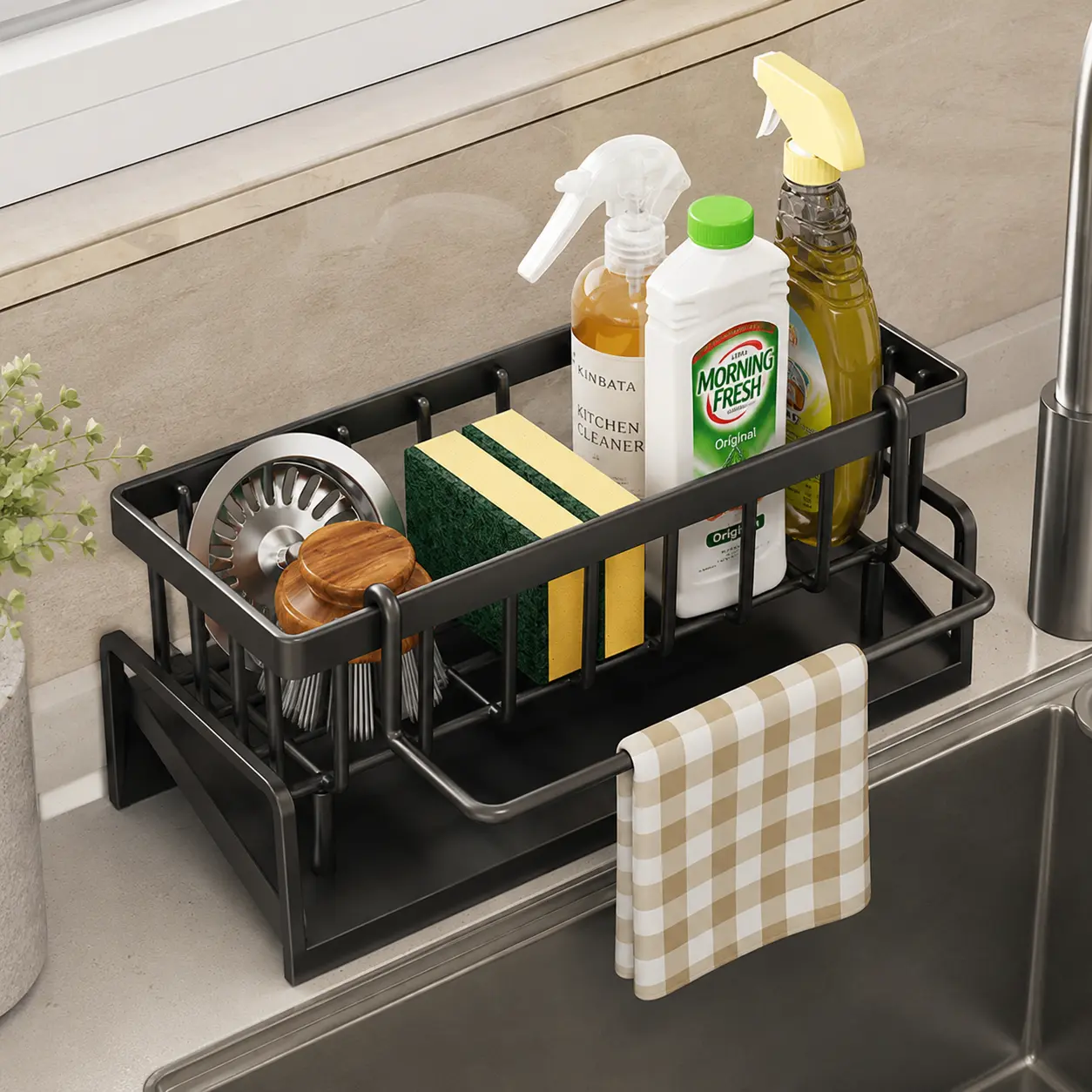 Kitchen Sink Organizer, Auto Drain Sink Caddy with Sponge Holder & Towel Rack, Stainless Steel Dish Soap Storage, Space Saving Kitchen Rack
