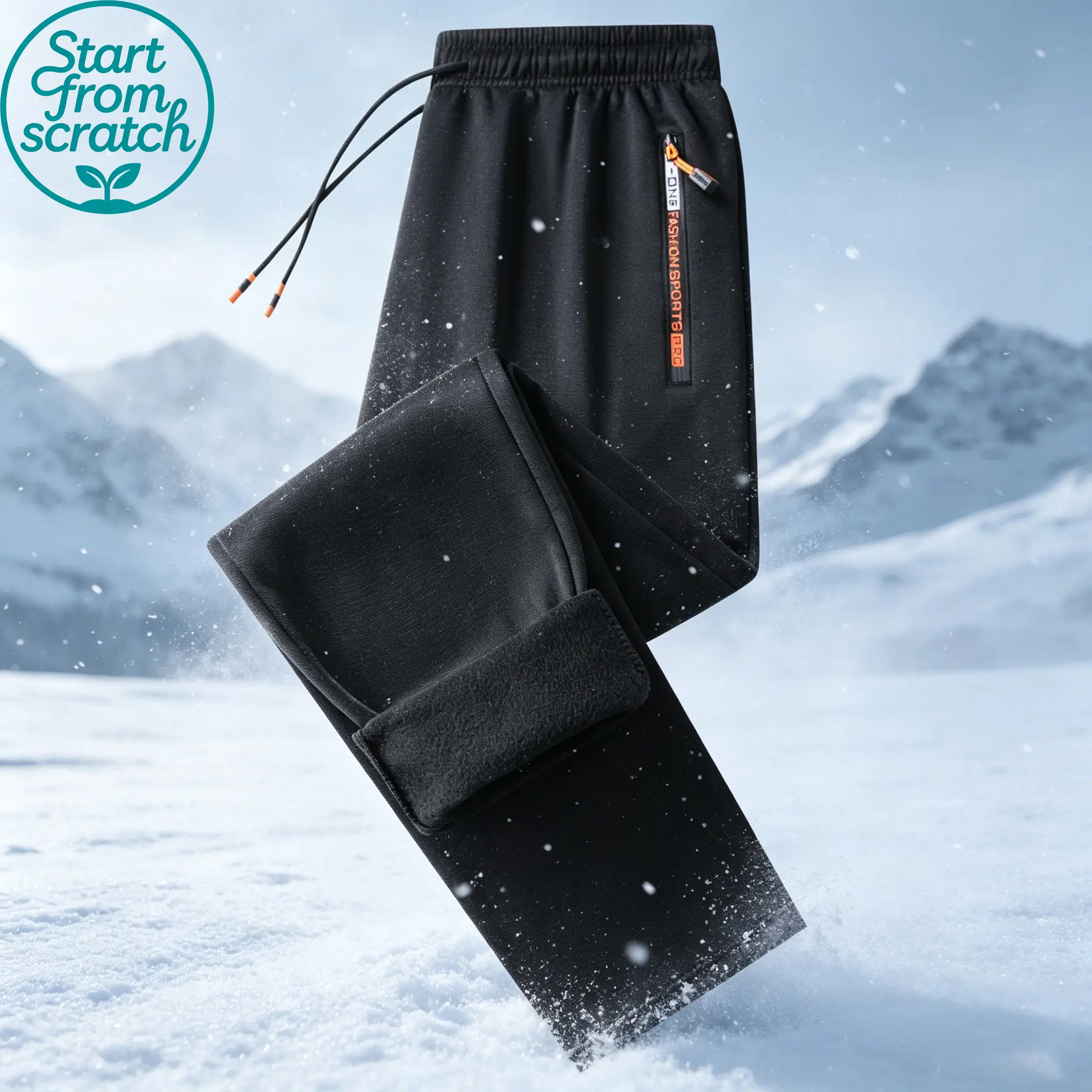 Men’s Winter Fleece-Lined Pants — Warm casual pants with an adjustable elastic drawstring waist, regular fit suitable for outdoor activities and cold weather; winter casual wear | Pants with zipper details