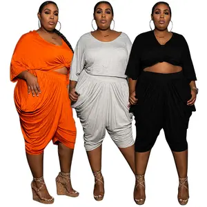 Plus Size Women's 2-Piece Draped Shorts Set – Summer Casual Matching Outfit with Loose Top and Harem Shorts – Sizes 1X-4X