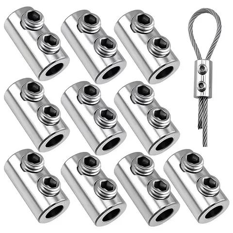 GJANSH 10Pcs Stainless Steel Wire Rope Clamps, 1/8" Double Hole Wire Cable Clips with L-Wrench, Heavy Duty Cable Crimp Loop Fastener for Garden, Camping, DIY Hanging Projects