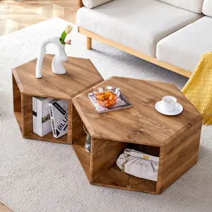 Minimalist white patterns hexagonal Coffee Table Set.Hexagonal MDF coffee table, characteristic pattern stickers, multi-hole design to give more storage space.Two coffee tables of different sizes. On-Site